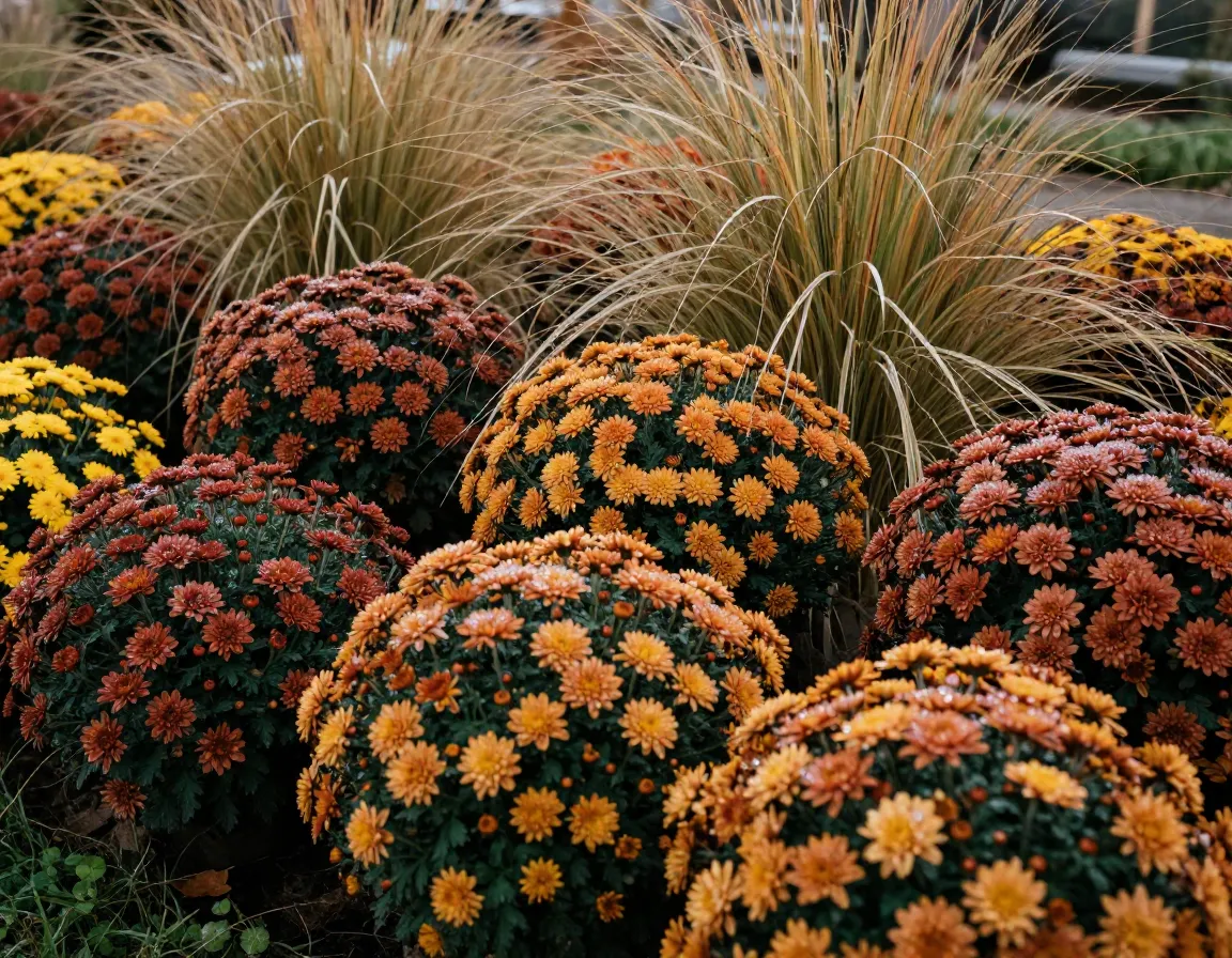 Autumn flower bed with mums and ornamental grasses